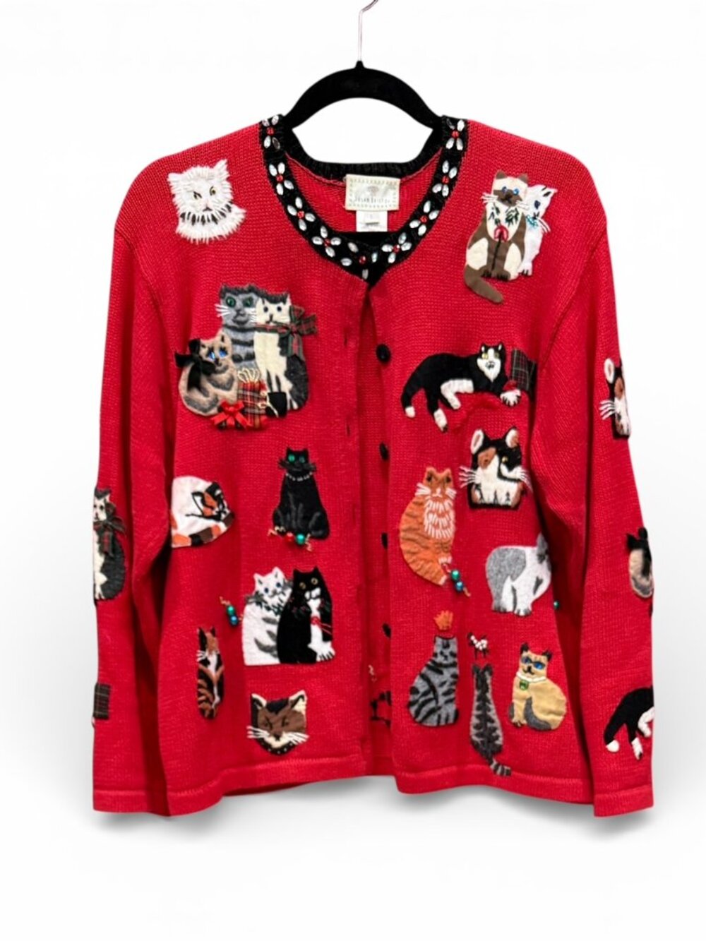 Vintage Susan Bristol Sweater Red Cat Kitty Embroidered Cardigan Size L